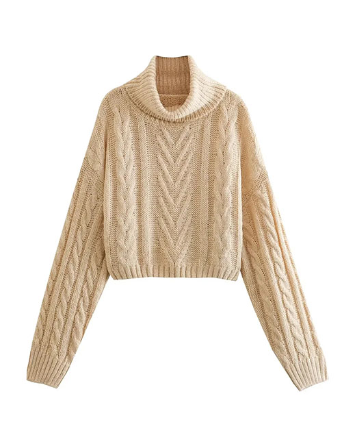 Fashion Beige Eight -stranded Short -collar Knitted Sweater