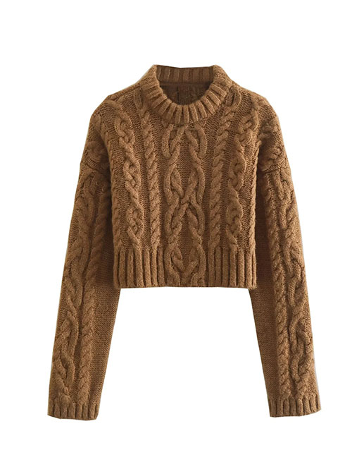Fashion Brown Eight -stranded Round Neck Knitted Short Sweater