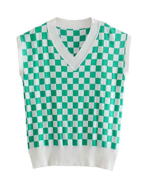 Fashion Green Checkerboard V -neck Loose Vest