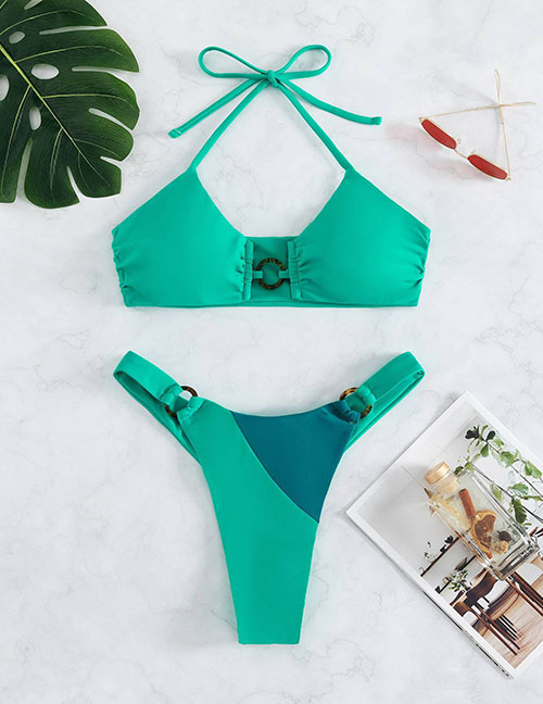 Fashion Green Polyester Halter Neck One Piece Swimsuit