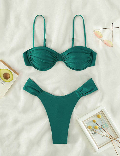 Fashion Dark Green Nylon Pleated Two-piece Swimsuit
