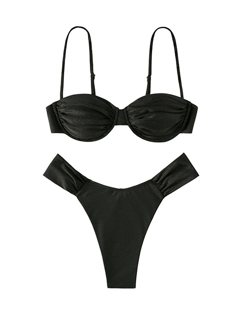 Fashion Black Nylon Pleated Two-piece Swimsuit