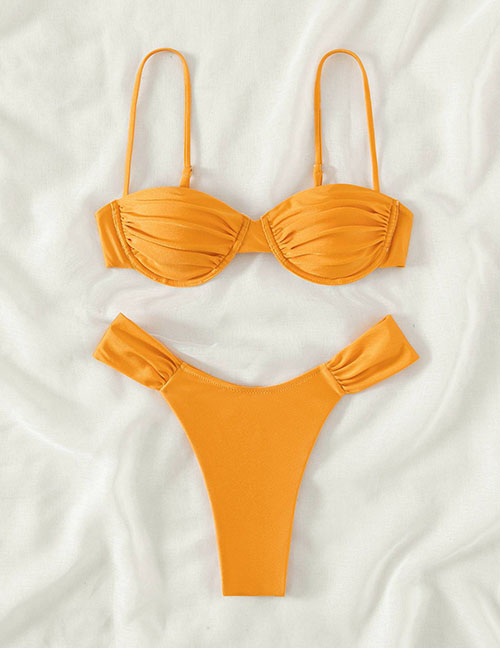 Fashion Apricot Nylon Pleated Two-piece Swimsuit