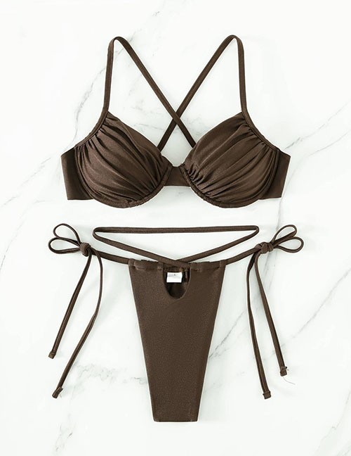 Fashion Coffee Color Nylon Lace-up Ruched One-piece Swimsuit