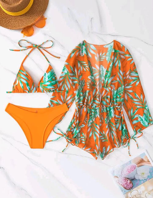 Fashion Orange Polyester Printed Halter Neck Ties Two-piece Swimsuit Three-piece Set