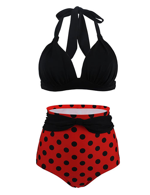 Fashion Black+red Dot Polyester Halter Neck Tie High Waist Two-piece Swimsuit