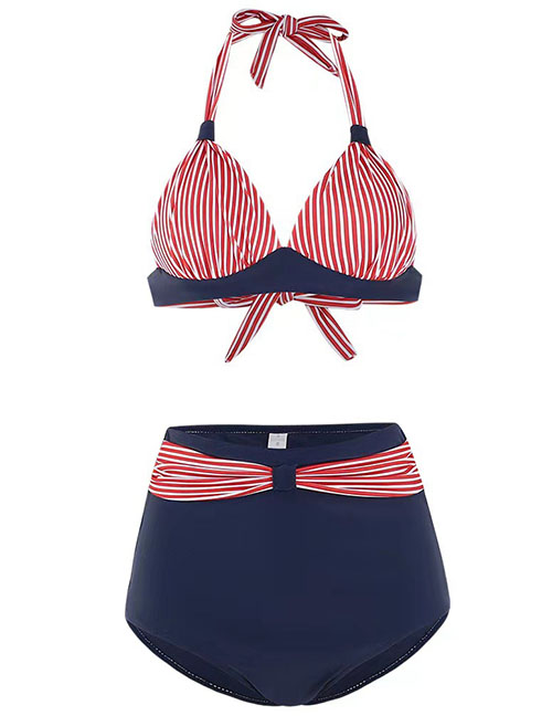 Fashion Red Stripe + Navy Blue Polyester Halter Neck Tie High Waist Two-piece Swimsuit