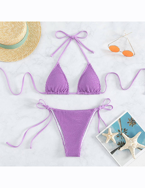 Fashion Pale Pinkish Purple Nylon Wavy Pattern Halter Neck One-piece Swimsuit