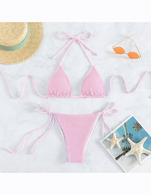 Fashion Pink Nylon Wavy Pattern Halter Neck One-piece Swimsuit