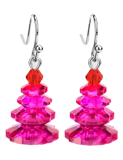 Fashion Rose Red Geometric Layered Crystal Christmas Tree Drop Earrings
