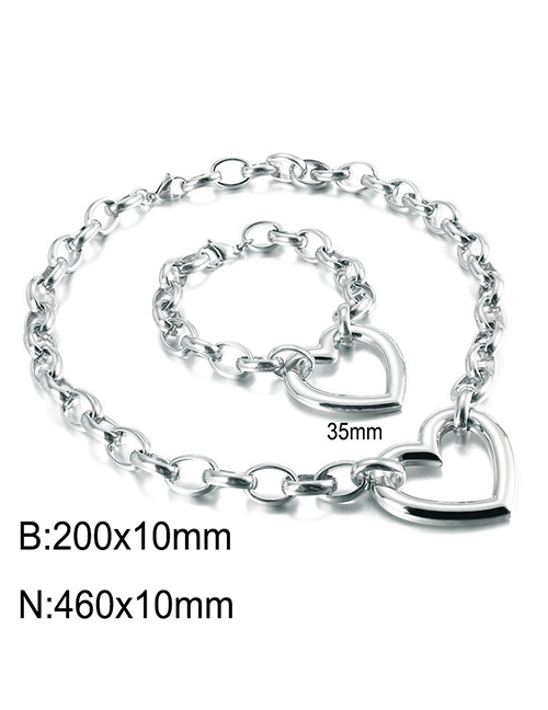 Fashion Silver Titanium Steel Hollow Heart Bracelet Necklace Set