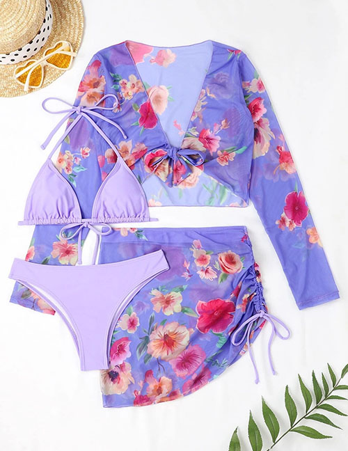 Fashion Purple Polyester Printed Lace-up Two-piece Swimsuit Set Of Four