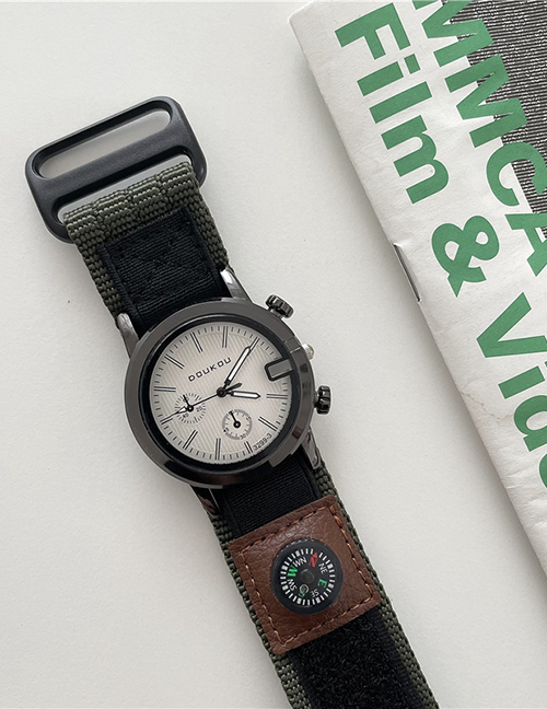 Fashion Army Green With White Noodles Textile Adhesive Strap Canvas Round Dial Watch (with Electronics)