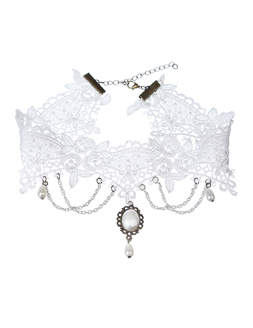 Fashion White Geometric Chain Pearl Tassel Lace Necklace