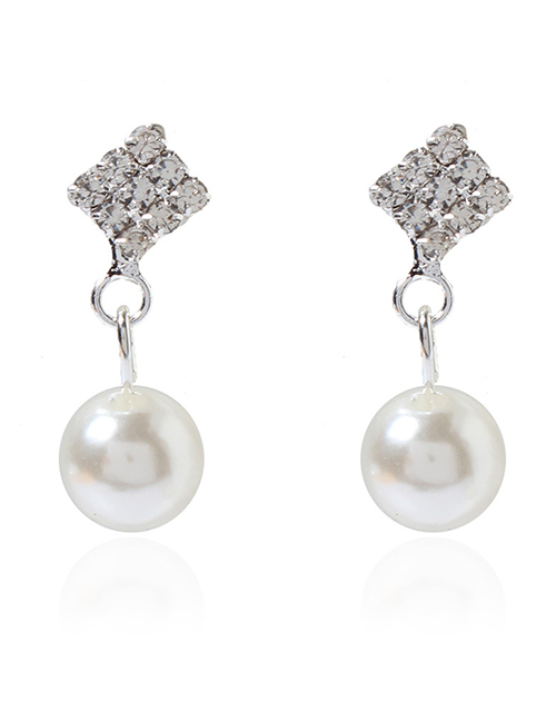 Fashion Silver Alloy Diamond Geometric Pearl Drop Earrings