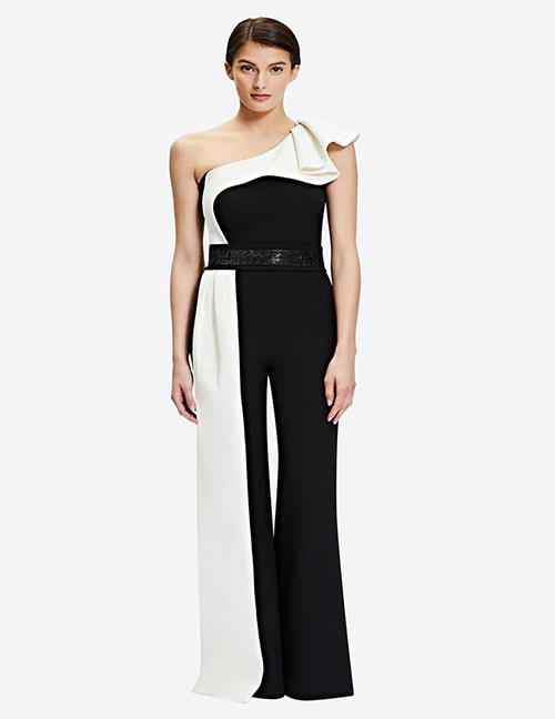 Fashion Black And White Contrast Paneled One-shoulder Jumpsuit