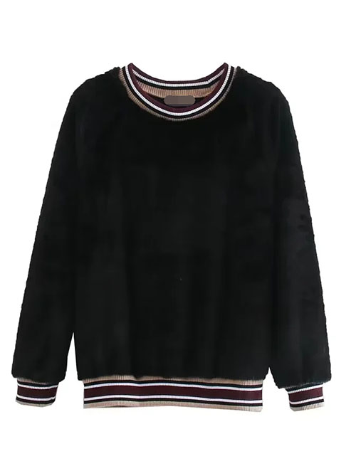 Fashion Black Rabbit Fur Contrast Color Round Neck Long Sleeve Sweater