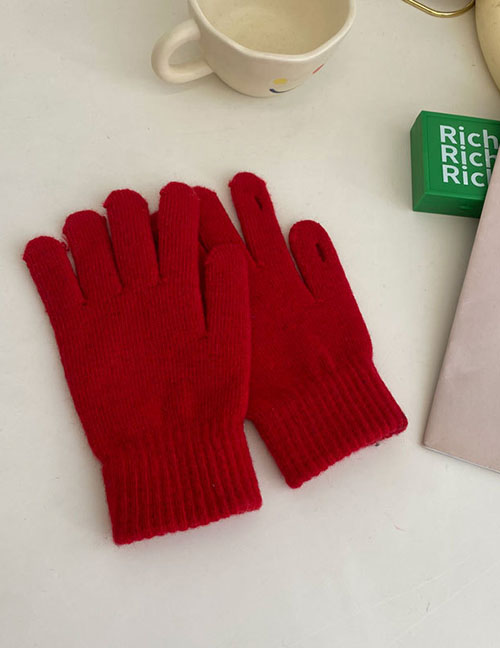 Fashion Red Acrylic Knit Five Finger Gloves