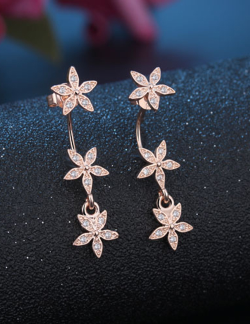 Fashion Rose Gold Plated Copper Copper And Diamond Flower Stud Earrings