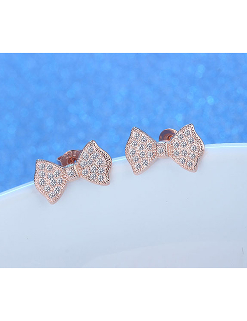 Fashion Rose Gold Copper Inlaid Zirconia Bow Stud Earrings