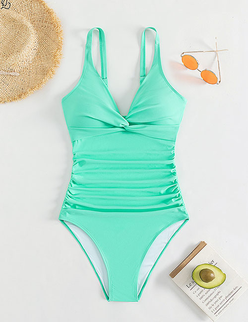 Fashion Green Solid Crinkled One-piece Swimsuit