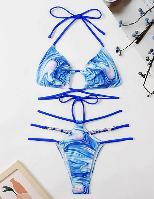 Fashion Blue Polyester Print Halterneck Tie Swimsuit
