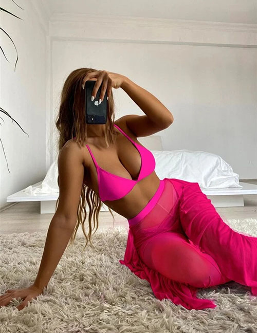 Fashion Rose Red Polyester Mesh Trousers Two-piece Swimsuit Three-piece Set