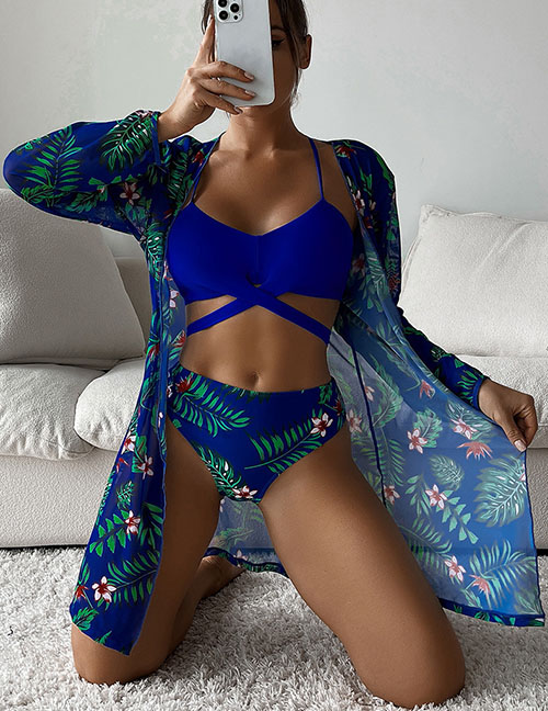 Fashion Palm Leaf On Blue Background Polyester Halter Neck Printed Two-piece Swimsuit Three-piece Set