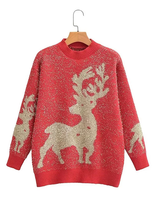Fashion Pink Christmas Fawn Knit Crew Neck Sweater