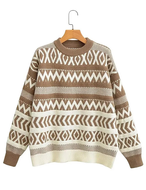 Fashion Coffee White Geometric-print Knitted Crewneck Sweater