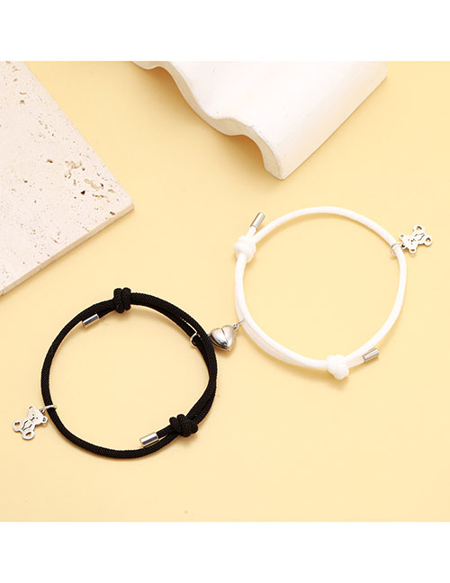 Fashion A Pair Of Love Magnet Bear Black And White Rope Stainless Steel Bear Magnet Heart Bracelet Set