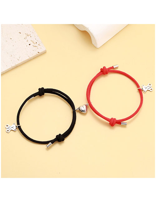 Fashion A Pair Of Love Magnet Bear Black And Red String Stainless Steel Bear Magnet Heart Bracelet Set