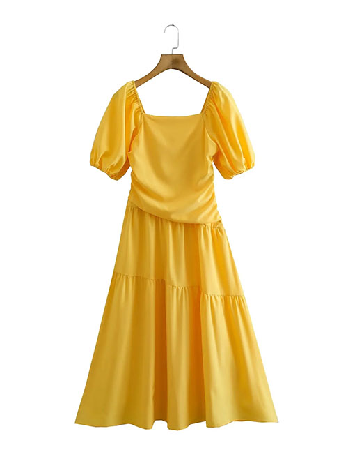 Fashion Yellow Woven Square Neck Swing Dress