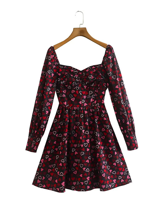 Fashion Color Long Sleeve Printed Square Neck Dress