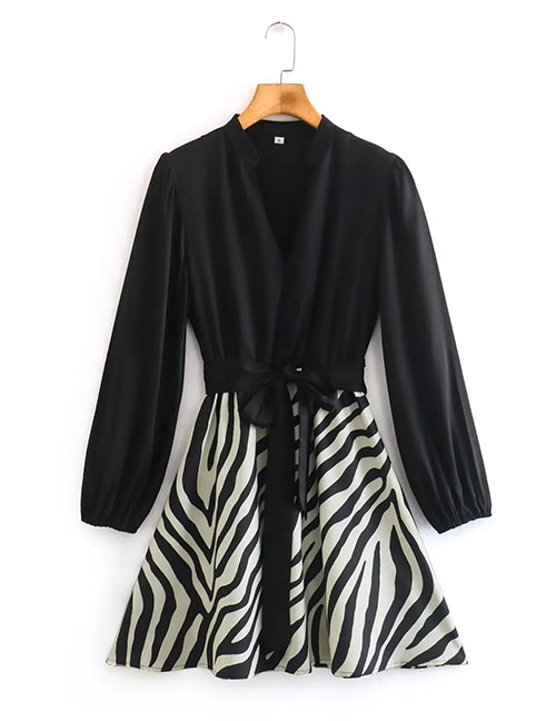 Fashion Black Woven Zebra-panel Tie Dress
