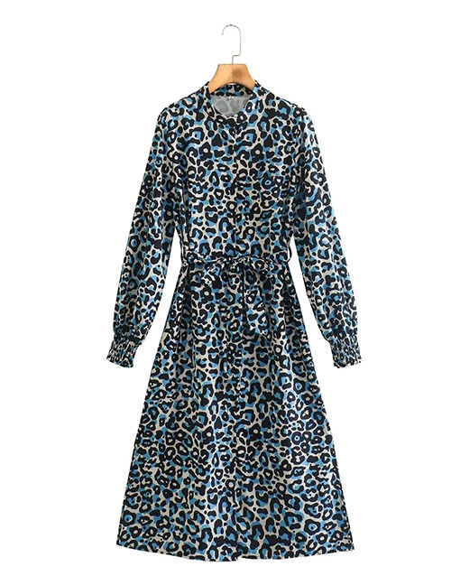 Fashion Color Leopard Print Long Sleeve Tie Dress
