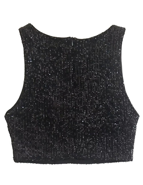 Fashion Black Sequin Crew Neck Vest