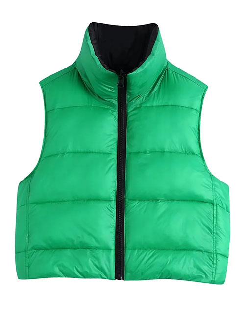 Fashion Green Black Woven Stand Collar Zip-up Vest Jacket