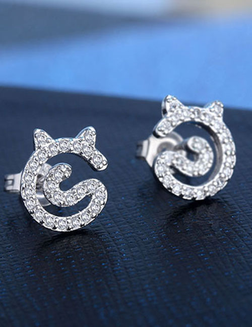 Fashion Platinum Plated Copper Copper And Diamond Cat Stud Earrings
