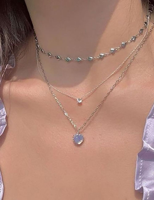 Fashion 10# Alloy Heart Chain Diamond Multilayer Necklace