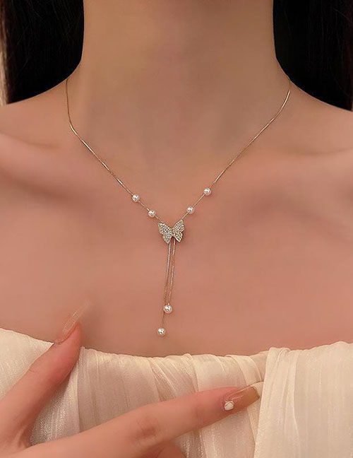 Fashion 16# Alloy Diamond Butterfly Y Necklace