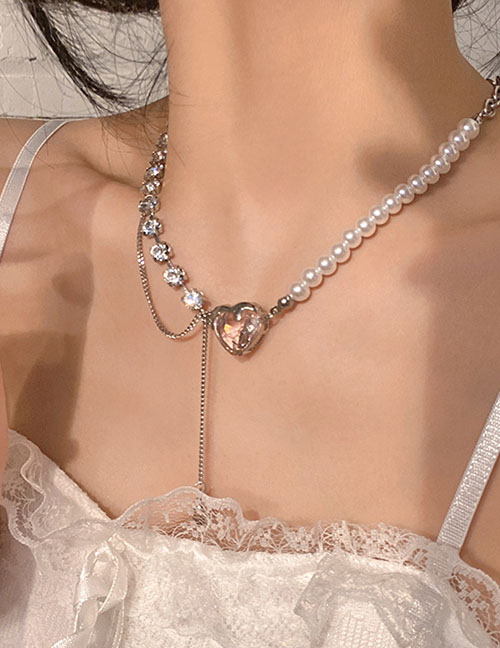 Fashion 20# Alloy Pearl Beaded Mosaic Rhinestone Heart Necklace