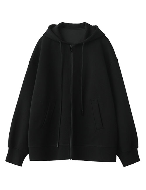 Fashion Black Cotton Oversized Zip Hooded Jacket