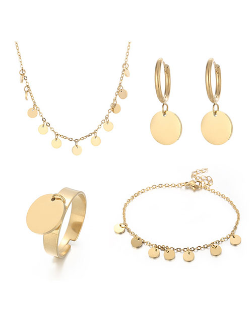 Fashion 2# Titanium Disc Necklace Earrings Ring Bracelet Set