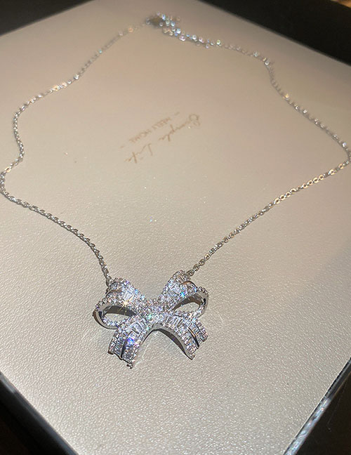 Fashion Necklace - Silver (bow) Copper Inlaid Zirconia Bow Necklace