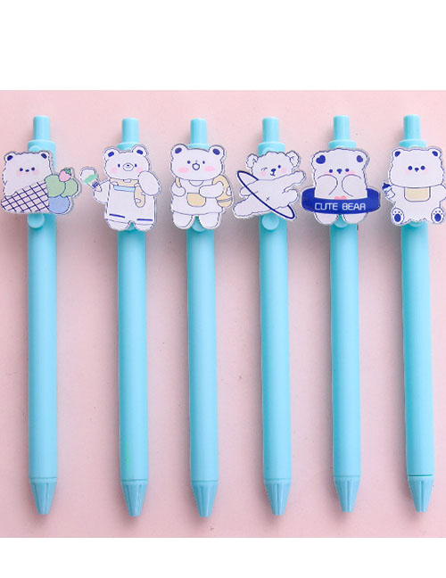 Fashion Blue Rod-cute Baby Bear Cartoon Writing Press Pen 6 Boxes