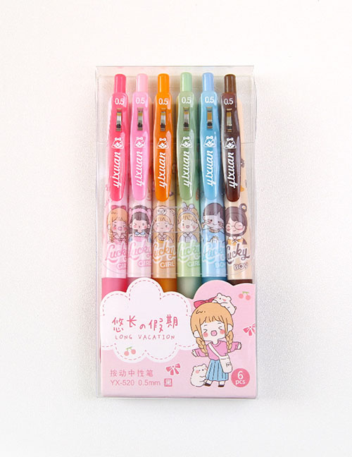 Fashion Cute Girl 6 Pack Set Cartoon Writing Press Pen 6 Boxes