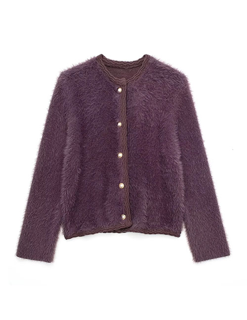 Fashion Purple Knit Breasted Faux Fur Coat