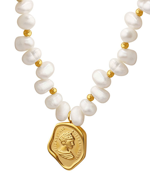 Fashion Gold Titanium Steel Pearl Beaded Figure Tag Necklace