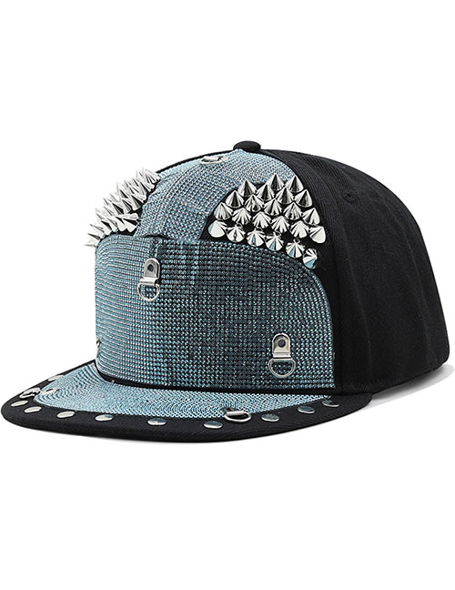 Fashion Light Blue Cotton Flat Brim Hat With Diamond Studs And Wings